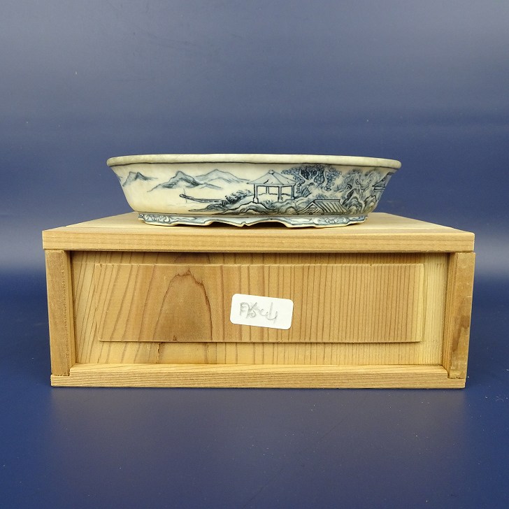 勝山　盆栽鉢　長方 盆栽鉢 上州勝山 小型 長辺 約11.8cm 長方鉢 外縁 染付 風景