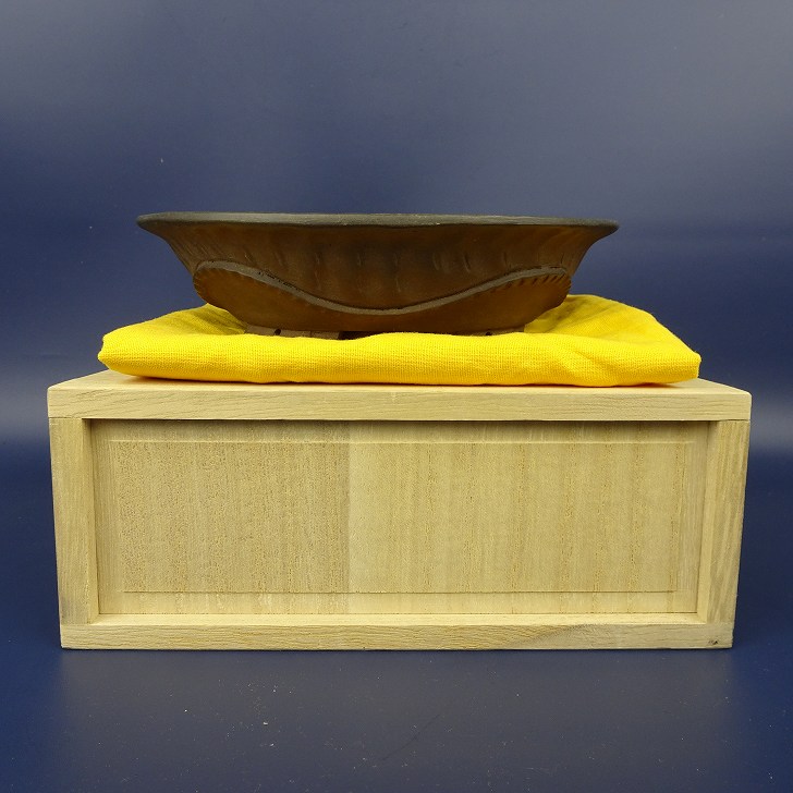 【中古】盆栽鉢 神戸 小型 長辺 約15cm 楕円鉢 泥鉢 箱付 布付 現品 中古鉢
