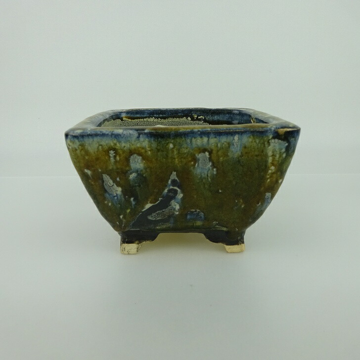 【中古】盆栽鉢 桂雲 福田桂雲 小型 長辺 約12.3糎 四角四面鉢 釉薬 褒めたたえる用 現品 中古鉢 貨物輸送無料