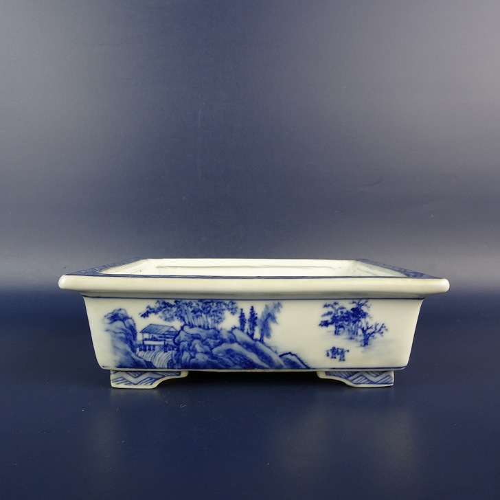 【中古】盆栽鉢 有度山 小型 長辺 約 13.5cm 長方鉢 外縁 染付 風景 中国鉢 現品 中古鉢 送料無料｜盆栽はニわ 店