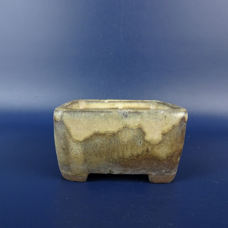 【中古】盆栽鉢 寿悦 小鉢 長辺 約 6.3cm 正方鉢 浮彫 蟹 カニ 釉薬 現品 中古鉢 送料無料