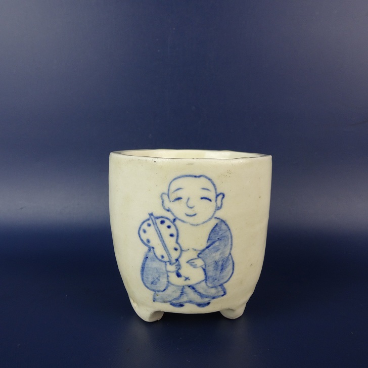 【中古】盆栽鉢 落款なし 小鉢 長辺 約 6.7cm 丸鉢 布袋 弁天 絵鉢 観賞用 現品 中古鉢 送料無料