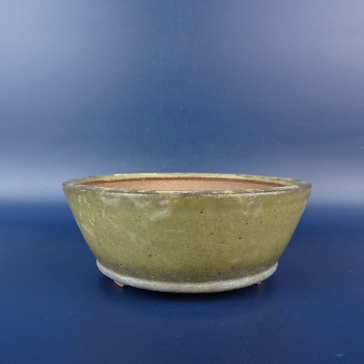 【中古】盆栽鉢 竹鳳 小型 長辺 約 11.2cm 丸鉢 下帯 釉薬 現品 中古鉢 送料無料