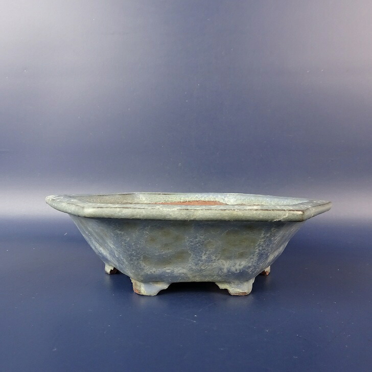【中古】盆栽鉢 屯洋 高濱窯 小型 長辺 約 15.5cm 六角鉢 外縁 釉薬 現品 中古鉢