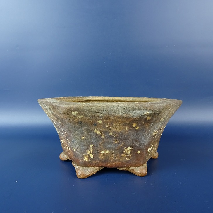 【中古】盆栽鉢 長閑やかさ 虹泉 小型 長辺 約 14.7糎 六角鉢 梨皮 泥物 現品 中古鉢 貨物輸送無料