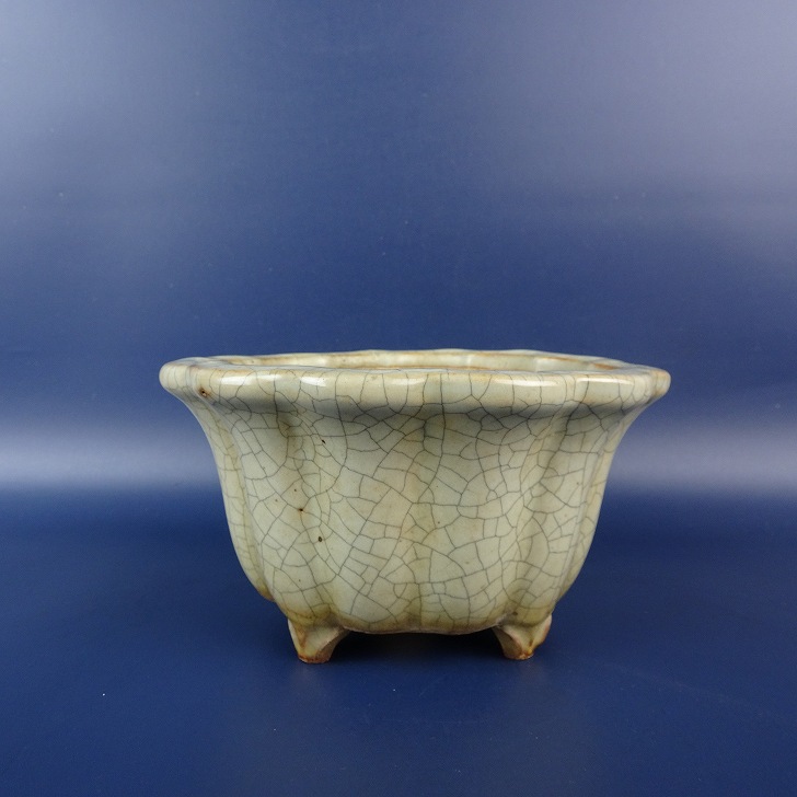 【中古】盆栽鉢 英明 小型 長辺 約 13.7cm 輪花鉢 外縁 貫入 釉薬 現品 中古鉢