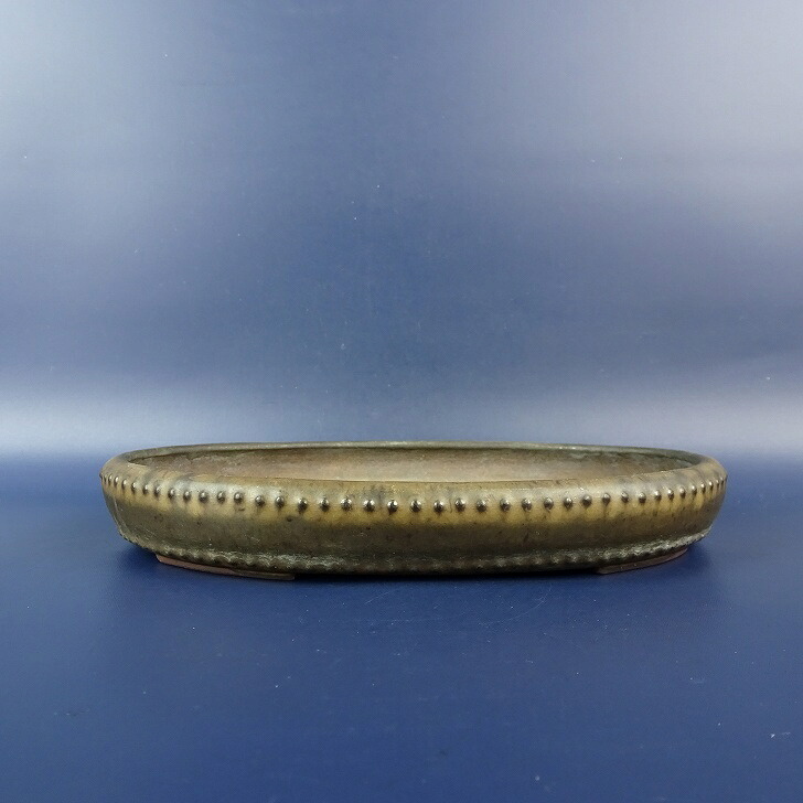 【中古】盆栽鉢 美濃謙山 小型 長辺 約 18cm 楕円鉢 鋲打 釉薬 現品 中古鉢｜盆栽はニわ 店