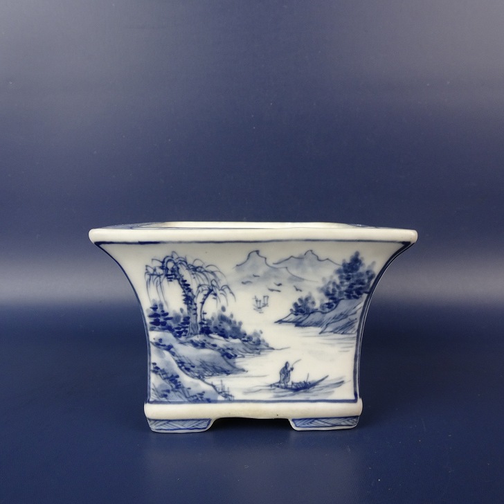 【中古】盆栽鉢 雪山? 小鉢 長辺 約 9.3糎 四角四面鉢 染付 見晴らし 重要人物 花 飾りつけ 中国鉢 把握 褒めたたえる用 現品 中古鉢 貨物輸送無料