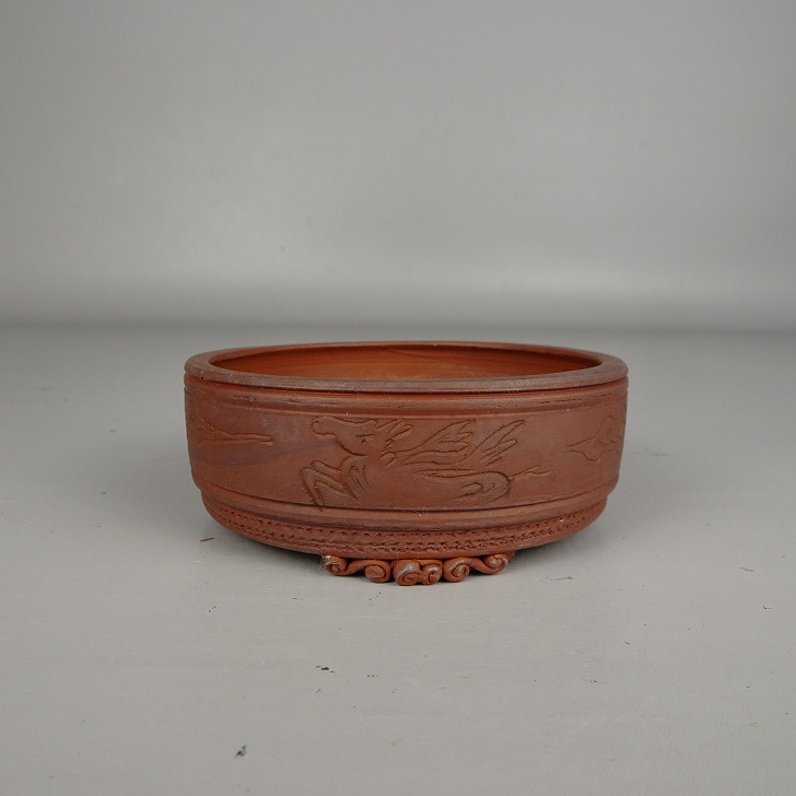 【中古】 盆栽鉢 泥珠 小鉢 長辺 約 8.4cm 丸鉢 雲足 釘彫 泥鉢 現品 中古鉢 送料無料