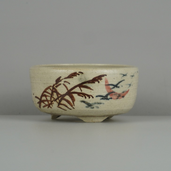 【中古】盆栽鉢 是好 矩 小鉢 長辺 約 7.3cm 丸鉢 色絵 鳥 とり トリ ススキ 渡り鳥 植物 鑑賞 観賞用 現品 中古鉢 送料無料