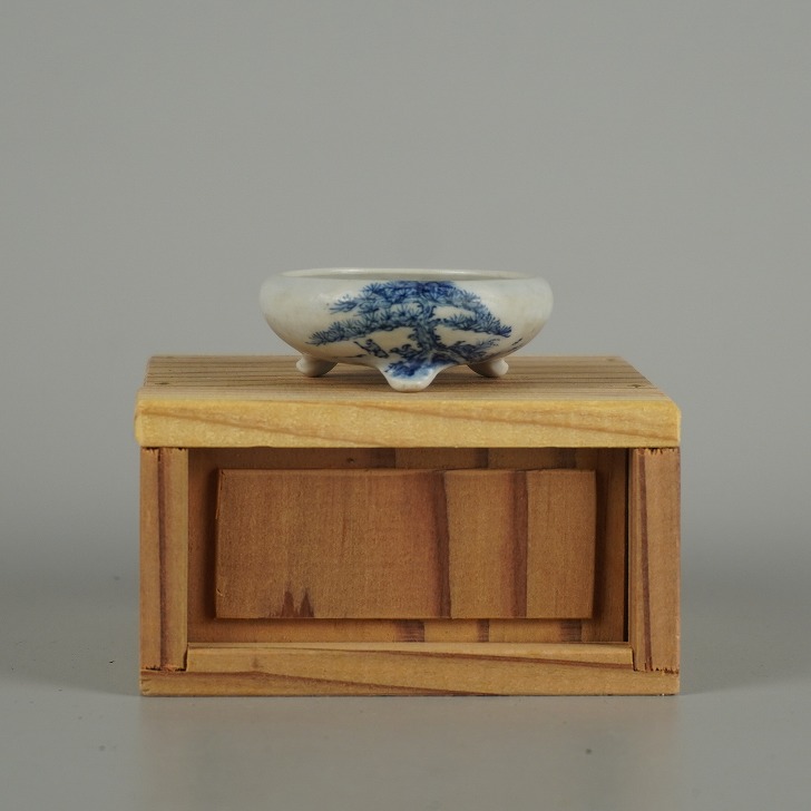 【中古】盆栽鉢 市之倉 石州 豆鉢 長辺 約 4.7珊 丸鉢 染付 松 まつ マツ科 人となり 青 ミニ鉢 箱付 感謝 褒めたたえる用 現品 中古鉢