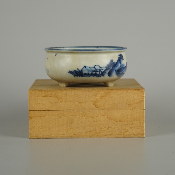 【中古】盆栽鉢 光峰 小鉢 長辺 約 8.3cm 丸鉢 染付 山水図 箱付 鑑賞 観賞用 現品 中古鉢