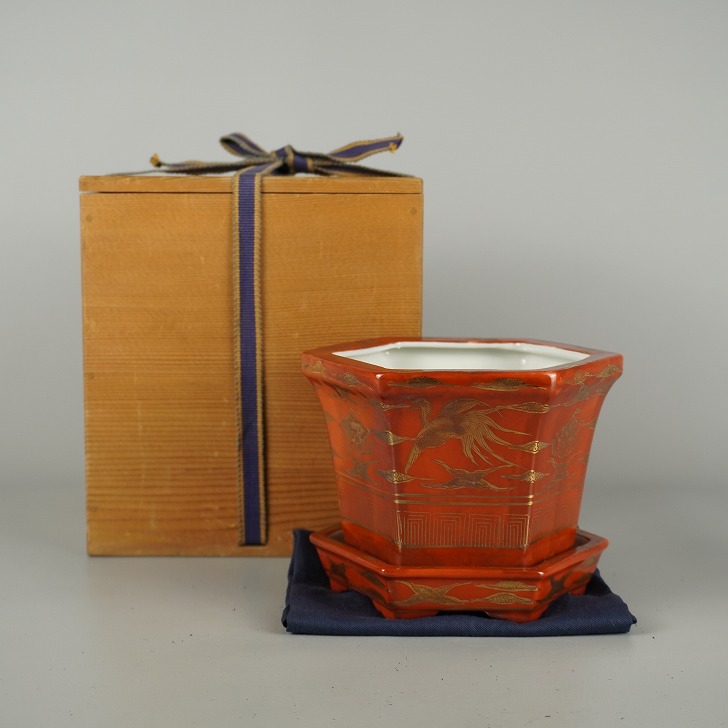 【中古】盆栽鉢 九谷 永楽 小型 長辺 約 14.3cm 六角鉢 鳥 模様 皿付 箱付 布付 鑑賞 観賞用 現品 中古鉢