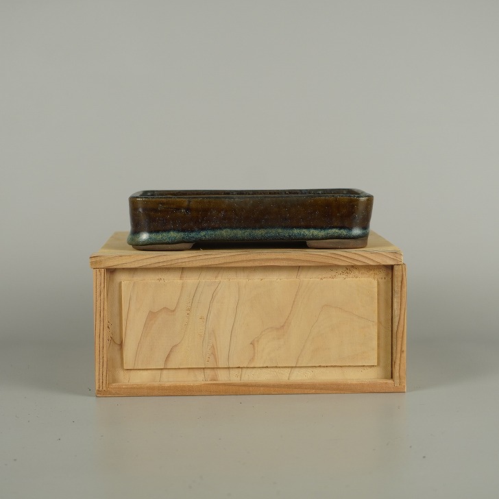 【中古】盆栽鉢 落款なし 小型 長辺 約 14.8cm 長方鉢 ナマコ 釉薬 箱付 鑑賞 観賞用 現品 中古鉢