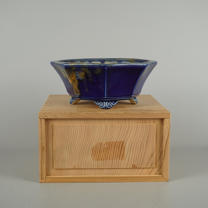 【中古】盆栽鉢 忍庵 忍造 小型 長辺 約 17珊 八角茴香鉢 雲足 釉薬 箱付 感謝 褒めたたえる用 現品 中古鉢