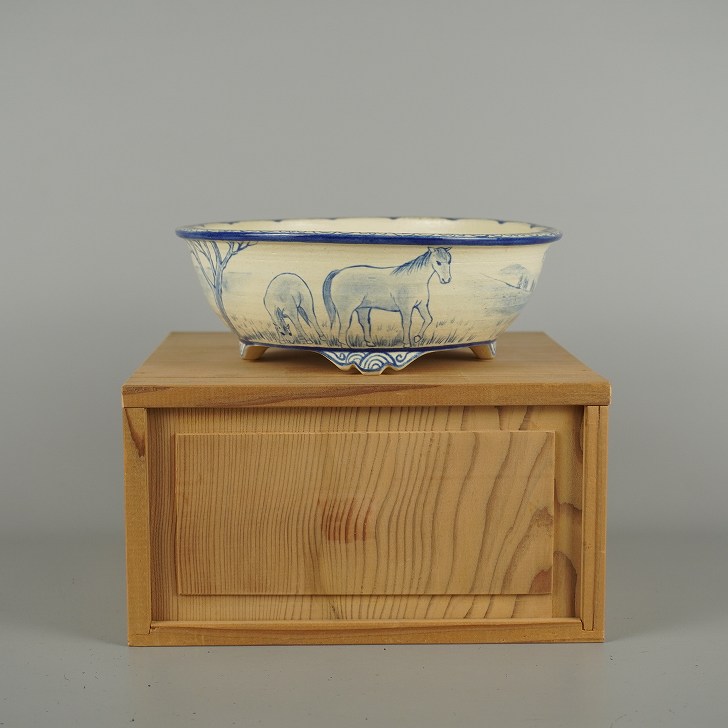 【中古】盆栽鉢 千川 小型 長辺 約 16.8珊 丸鉢 馬 見晴らし画 飾りつけ 箱付 感謝 褒めたたえる用 現品 中古鉢