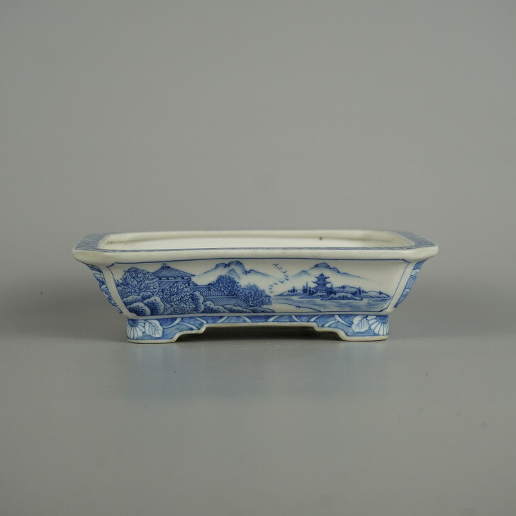 【中古】盆栽鉢 月香 小型 長辺 約 14.8cm 長方鉢 染付 山水図 鳥獣戯画 波紋 花 模様 鑑賞 観賞用 現品 中古鉢