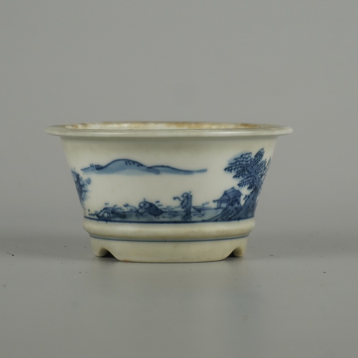 【中古】盆栽鉢 たる源好 小鉢 長辺 約 7.5cm 丸鉢 外縁 下帯 人物 山水図 鑑賞 観賞用 現品 中古鉢