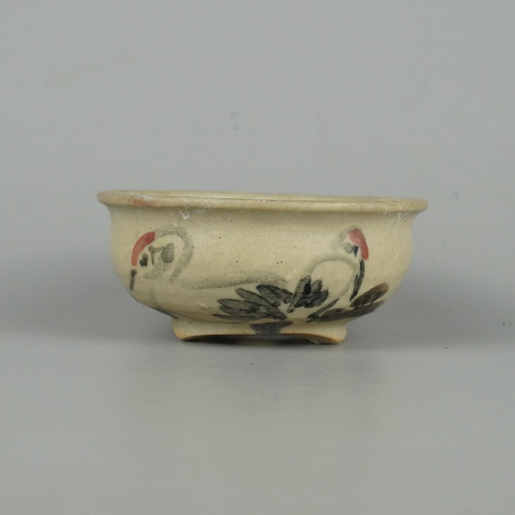 【中古】盆栽鉢 是好 矩 小鉢 長辺 8糎 丸鉢 彩画 鶴 ツル 鳥 褒めたたえる用 現品 中古鉢