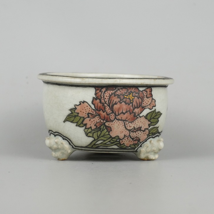 【中古】盆栽鉢 大助 心山造 小鉢 長辺 約9珊 丸鉢 彩画 名取り草 蝶 名取り草 花 夢見鳥 箱付 褒めたたえる用 現品 中古鉢