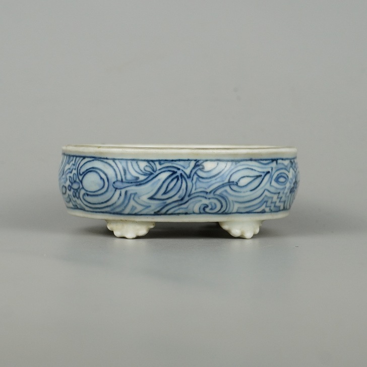 【中古】盆栽鉢 大助 小鉢 長辺 約 8.5珊 楕円面鉢 染付 飾りつけ 箱付 現品 中古鉢