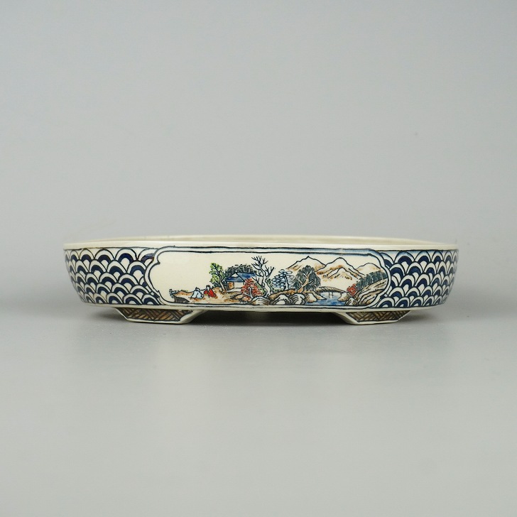 【中古】盆栽鉢 越前芳水 小型 長辺 約18cm 楕円鉢 窓抜 色絵 山水図 共布 共箱 観賞用 現品 中古鉢｜盆栽はニわ 店