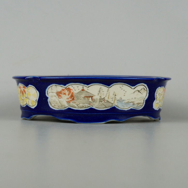 【中古】 盆栽鉢 月香 小型 長辺 約14珊 楕円面鉢 窓抜 彩画  鳳凰 花 景観図 硝子 釉薬 現品 中古鉢