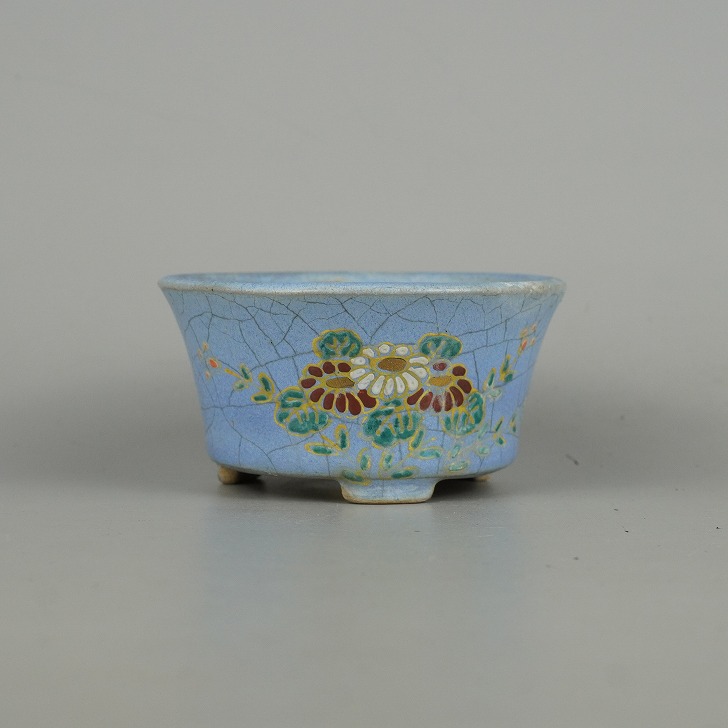 【中古】盆栽鉢 支香 小型 長辺 約10cm 丸鉢 色絵 花 釉薬 現品 中古鉢 送料無料
