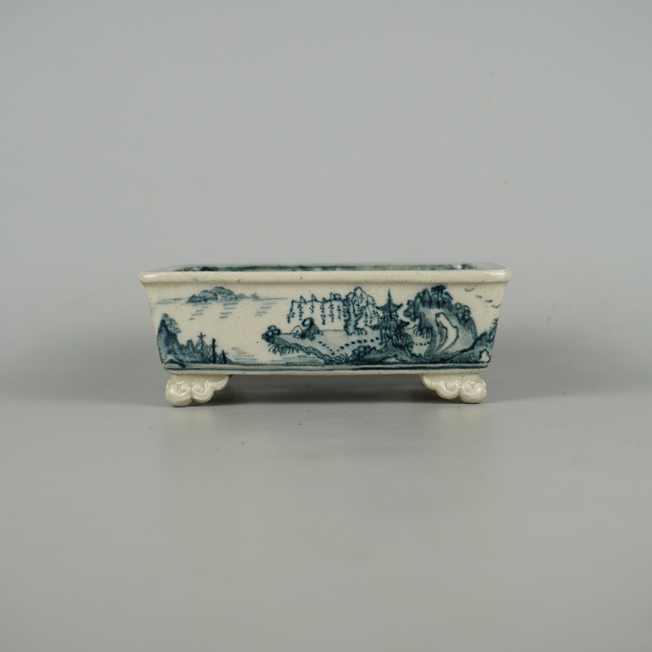 【中古】盆栽鉢 竹峯 小型 長辺 約12.5糎 長方鉢 縁付 雲足 染付 風景図 舟 褒めたたえる用 現品 中古鉢 貨物輸送無料