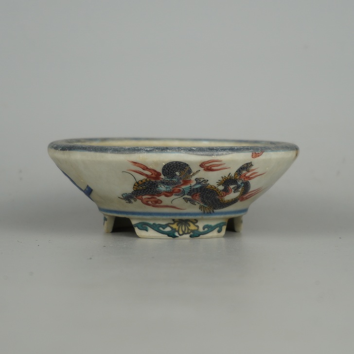 【中古】盆栽鉢 九谷 小型 長辺 約 10糎 丸鉢 彩画 龍 虎 リュウ 虎 褒めたたえる用 現品 中古鉢 貨物輸送無料