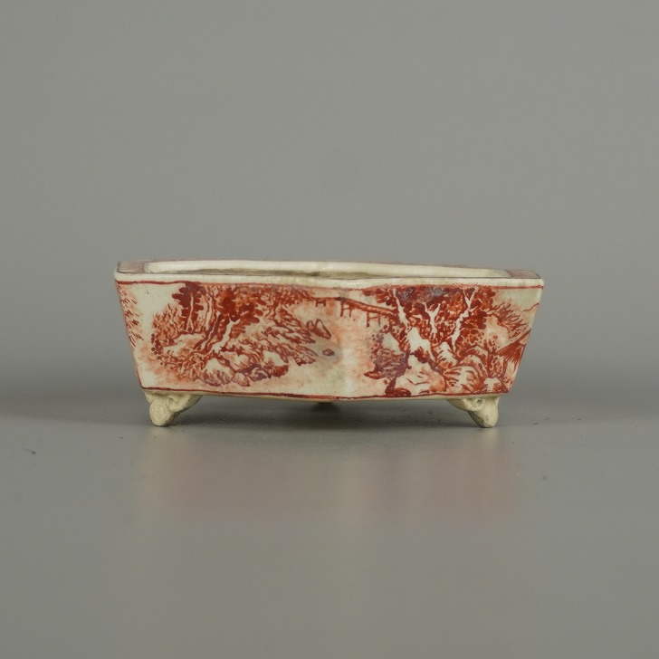 【中古】盆栽鉢 彦山人 小鉢 長辺 約 9.8珊 六角鉢 雲足 赤絵 景観図 感謝 褒めたたえる用 現品 中古鉢
