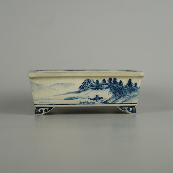 【中古】盆栽鉢 美山 小型 長辺 約 13糎 長方鉢 縁付 雲足 舟 風景図 飾りつけ 褒めたたえる用 把捉用 和鉢 現品 中古鉢