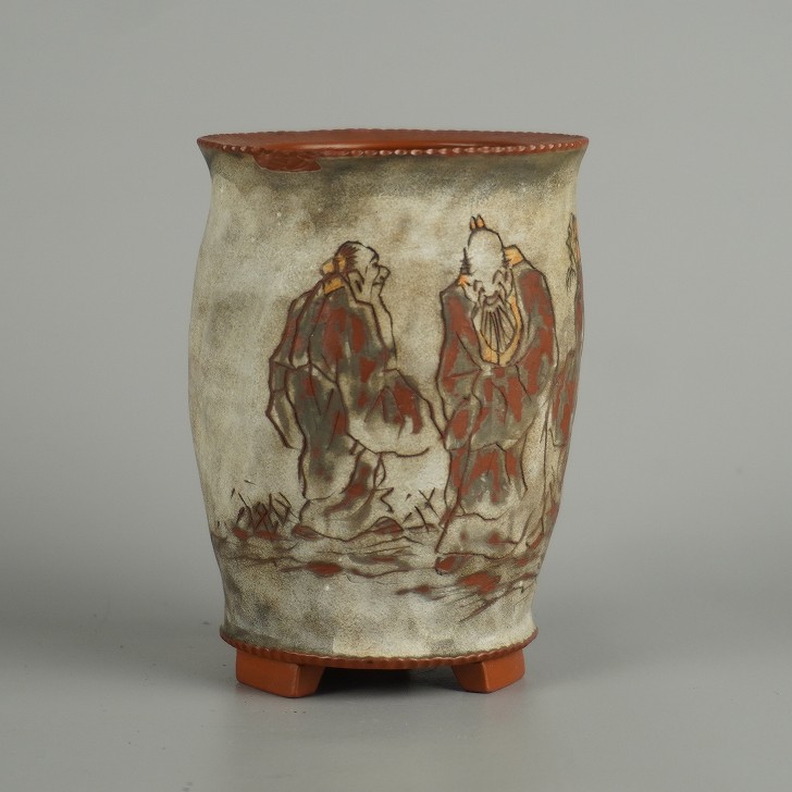 【中古】盆栽鉢 落款あり 茶山彫 小鉢 高さ 約 9cm 丸鉢 彫入 呉老 人物 風景 和鉢 鑑賞 観賞用 現品 中古鉢