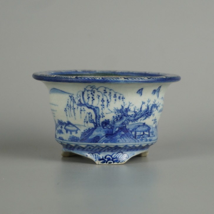 【中古】盆栽鉢 勝山 小鉢 長辺 約 9.1珊 丸鉢 縁付 染付 景観図 舟 人となり 飾りつけ 和鉢 感謝 褒めたたえる用 現品 中古鉢