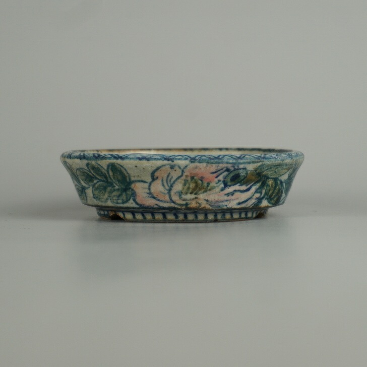 【中古】盆栽鉢  初代 祥石 小鉢 長辺 約 9.2珊 丸鉢 彩画 花  ハナ 蜂 ハチ 飾りつけ 和鉢 感謝 褒めたたえる用 現品 中古鉢