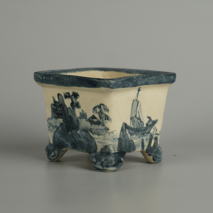 【中古】盆栽鉢 九谷 小鉢 長辺 約 6cm 正方鉢 縁付 舟 風景 山水図 和鉢 鑑賞 観賞用 現品 中古鉢