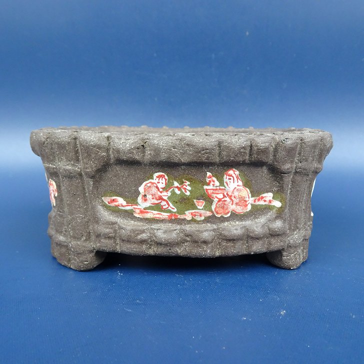 【中古】盆栽鉢 陶翠 小型 長辺 約10cm 楕円鉢 竹節 赤絵 童子 現品 中古鉢 送料無料