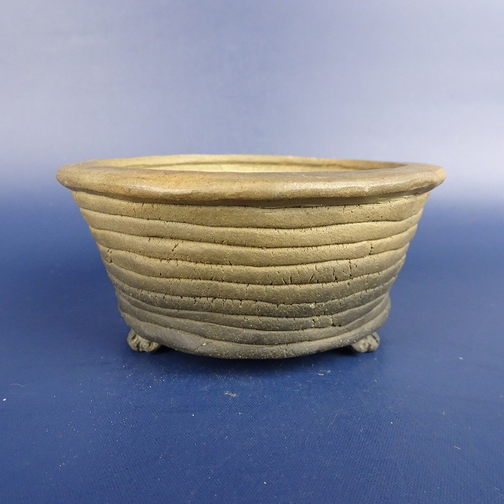 【中古】盆栽鉢 清水 利重 小鉢 長辺 約9.5cm 丸鉢 外縁 雲足 焼締め 泥物 現品 中古鉢 送料無料