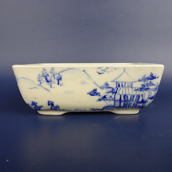 【中古】盆栽鉢 書き判あり 小型 長辺 約10.3糎 長方鉢 染付 見晴らし画 現品 中古鉢 貨物輸送無料