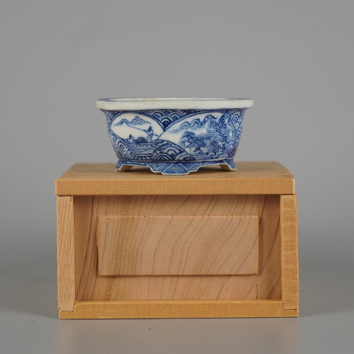 【中古】盆栽鉢 上州 勝山 小鉢 長辺 約 7.4珊 楕円面鉢 景観図 旋風 飾りつけ 箱付 和鉢 感謝 褒めたたえる用 現品 中古鉢