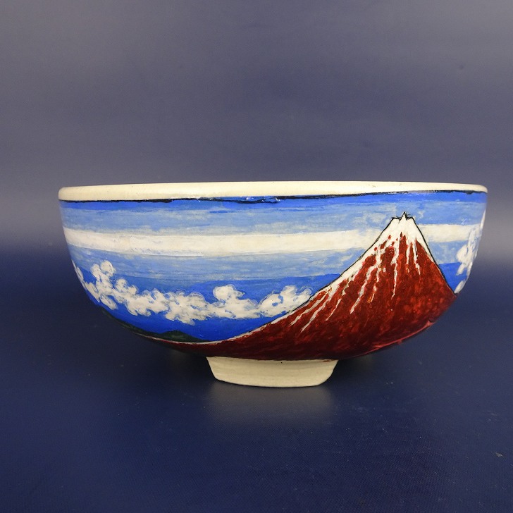 【中古】盆栽鉢 蝉山 小型 長辺 約 13cm 丸鉢 色絵 風景画 富士山 花 観賞用 現品 中古鉢 送料無料