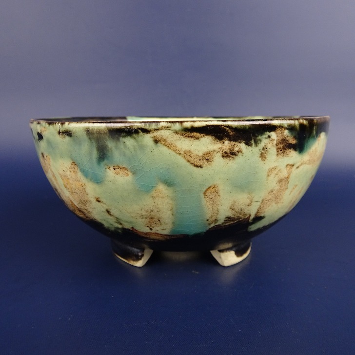 【中古】盆栽鉢 蝉山 小型 長辺 約 12cm 丸鉢 釉薬 現品 中古鉢 送料無料