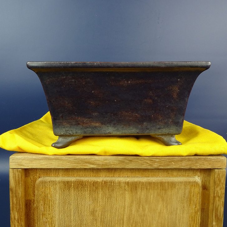 【中古】盆栽鉢 天龍焼 楽雅 天龍 石仙 小型 長辺 約12.7珊 長方鉢 境界線の外側 釉薬 箱付 布付 現品 中古鉢