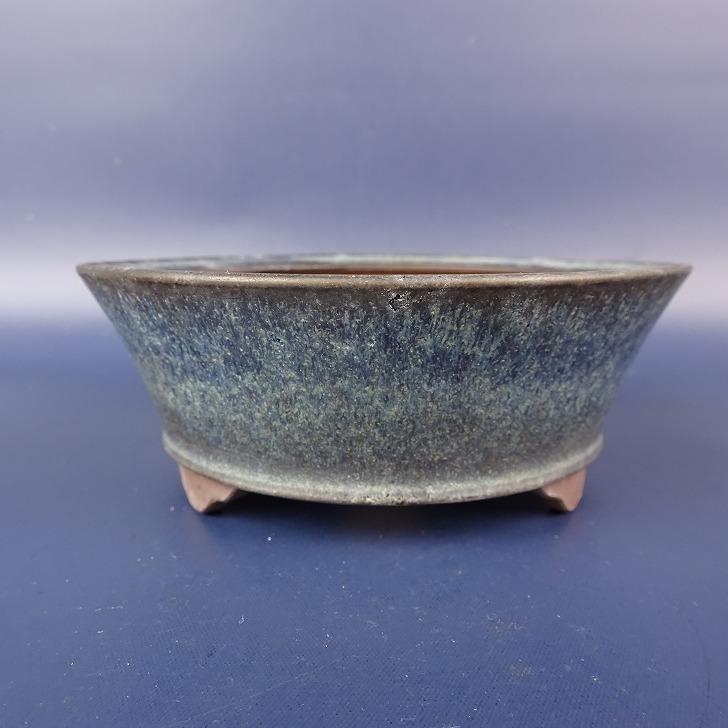 【中古】 盆栽鉢 青風 小型 長辺 約10.8糎 丸鉢 釉薬 現品 中古鉢 貨物輸送無料