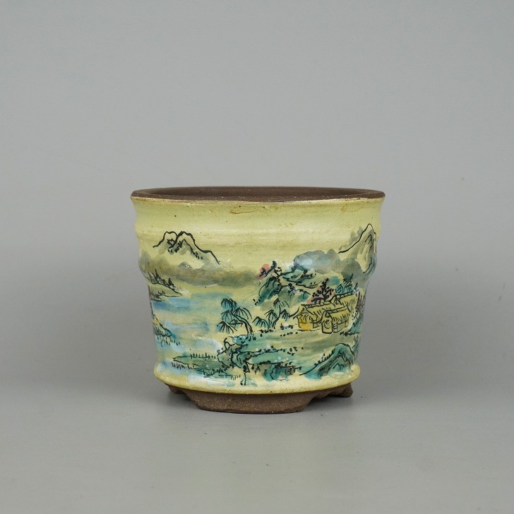 【中古】盆栽鉢 陶翠 小型 長辺 約11.2cm 丸鉢 色絵 春景 山水図 観賞用 現品 中古鉢 送料無料