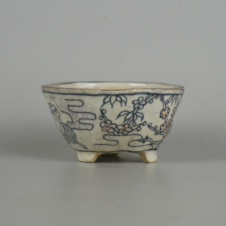【中古】盆栽鉢 勝山 小鉢 長辺 約7.9cm 丸鉢 染付 花 笹 竹 風景 人物 箱付 布付 観賞用 現品 中古鉢