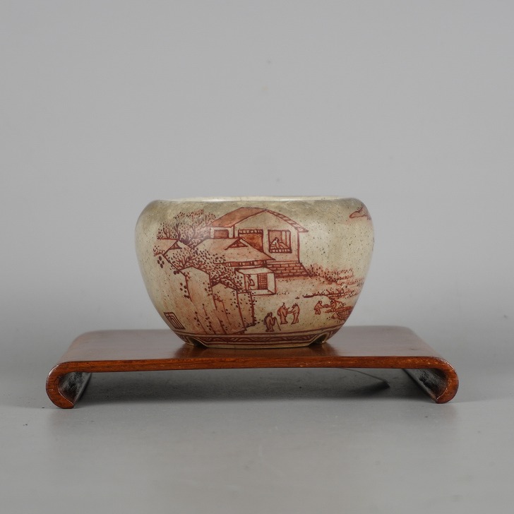 【中古】盆栽鉢 大助 心 小鉢 長辺 約8.5糎 丸鉢 赤絵 風景図 箱付 褒めたたえる用 現品 中古鉢
