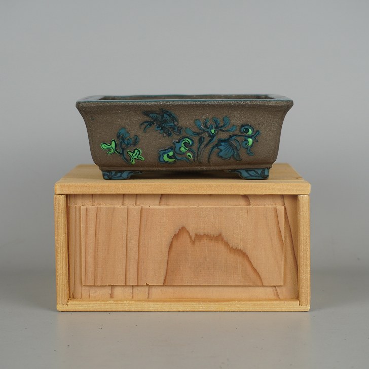 【中古】盆栽鉢 陶翠 小型 長辺 約14珊 長方鉢 隅入 花 蝶 ハナ 夢見鳥 箱付 褒めたたえる用 現品 中古鉢 植木鉢-植木鉢・プランター