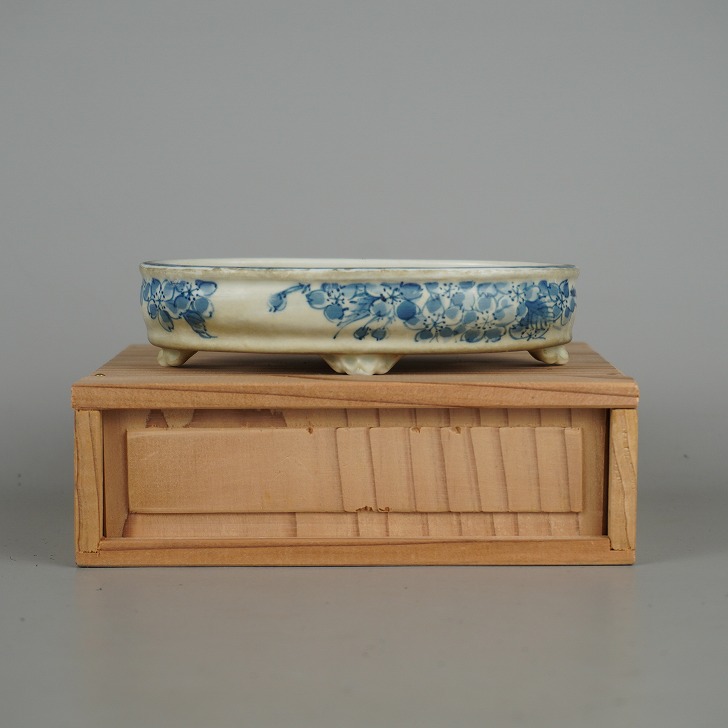 【中古】盆栽鉢 松本 松石小型 長辺 約13.2cm 楕円鉢 染付 桜 花 はな ハナ 箱付 観賞用 現品 中古鉢