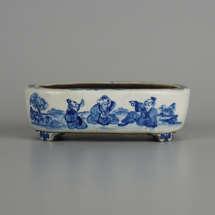 【中古】盆栽鉢 陶翠 小型 長辺 約 10.8糎 楕円面鉢 呉老 風景図 飾りつけ 把捉用 褒めたたえる用 和鉢 現品 中古鉢 貨物輸送無料